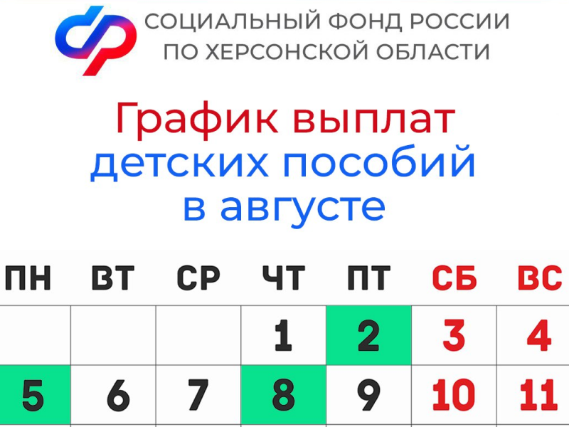 График выплат детских пособий в Херсонской области в августе 2024 года.