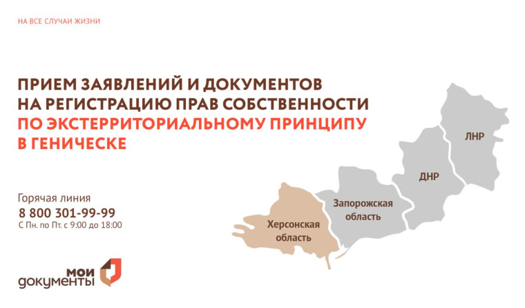 В МФЦ Геническа открыт приём документов на регистрацию прав собственности, которая находится на территории новых регионов. В МФЦ Геническа открыт приём документов на регистрацию прав собственности, которая находится на территории новых регионов.